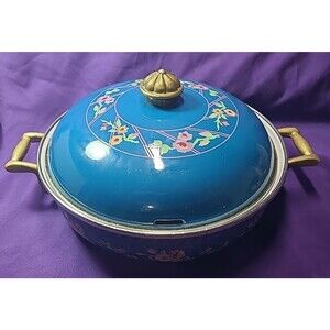 Sarma Studios Vintage 1980’s Blue Floral Enamel and Brass Handled Pot With Lid